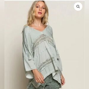 NWOT POL Women's Blouse in Soft Green with Lace Detail